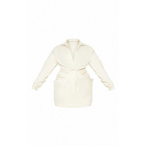 PLT PLUS CREAM WOVEN PLUNGE TWIST DETAIL SHIRT DRESS - Picture 3 of 5